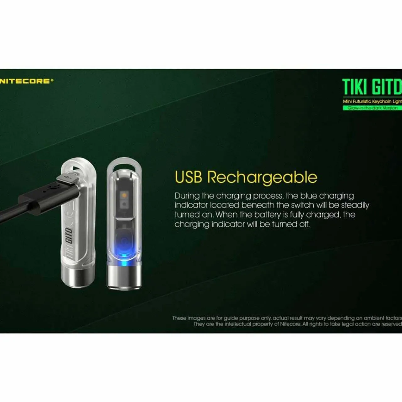 TIKI GITD USB Rechargeable Keychain Light Hand Torches